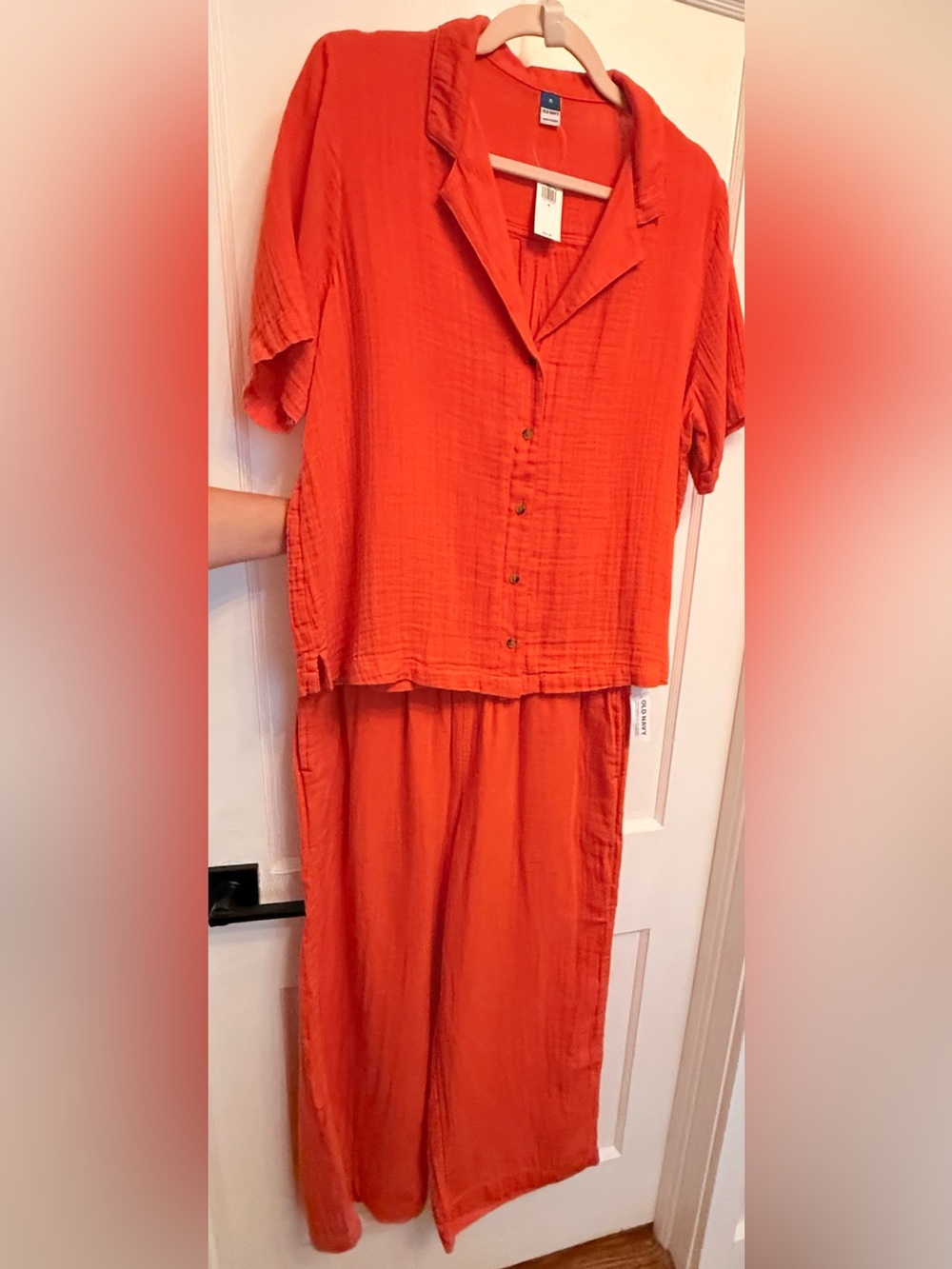 NWT Two-Piece Linen Set Red Orange Button-Up Medium